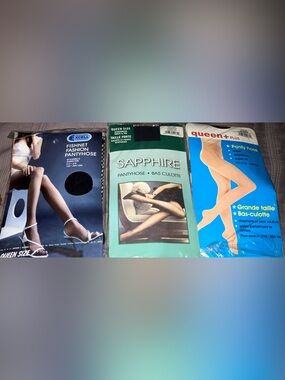 QUEEN Plus size Pantyhose Lot Black 1- Fishnets 2-Sheer (3) NEW pkgs
